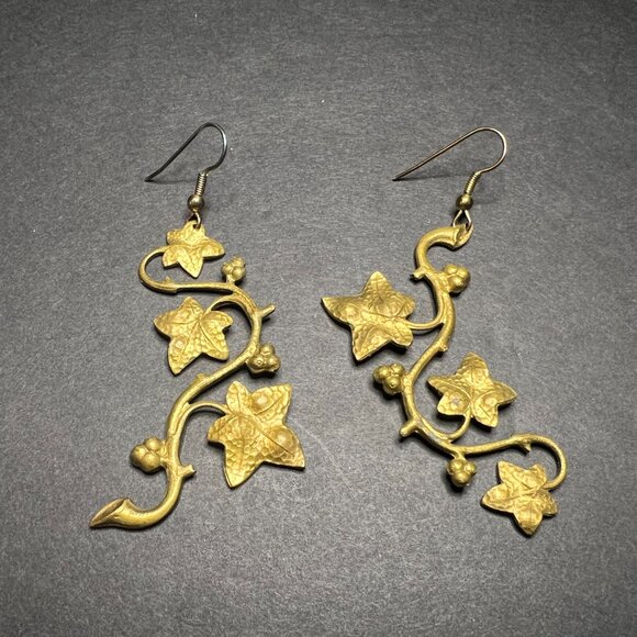 Boho Bohemian Brass Grape Vine Leaf Dangle Drop Fashion Jewelry Earrings 3" - Picture 2 of 3